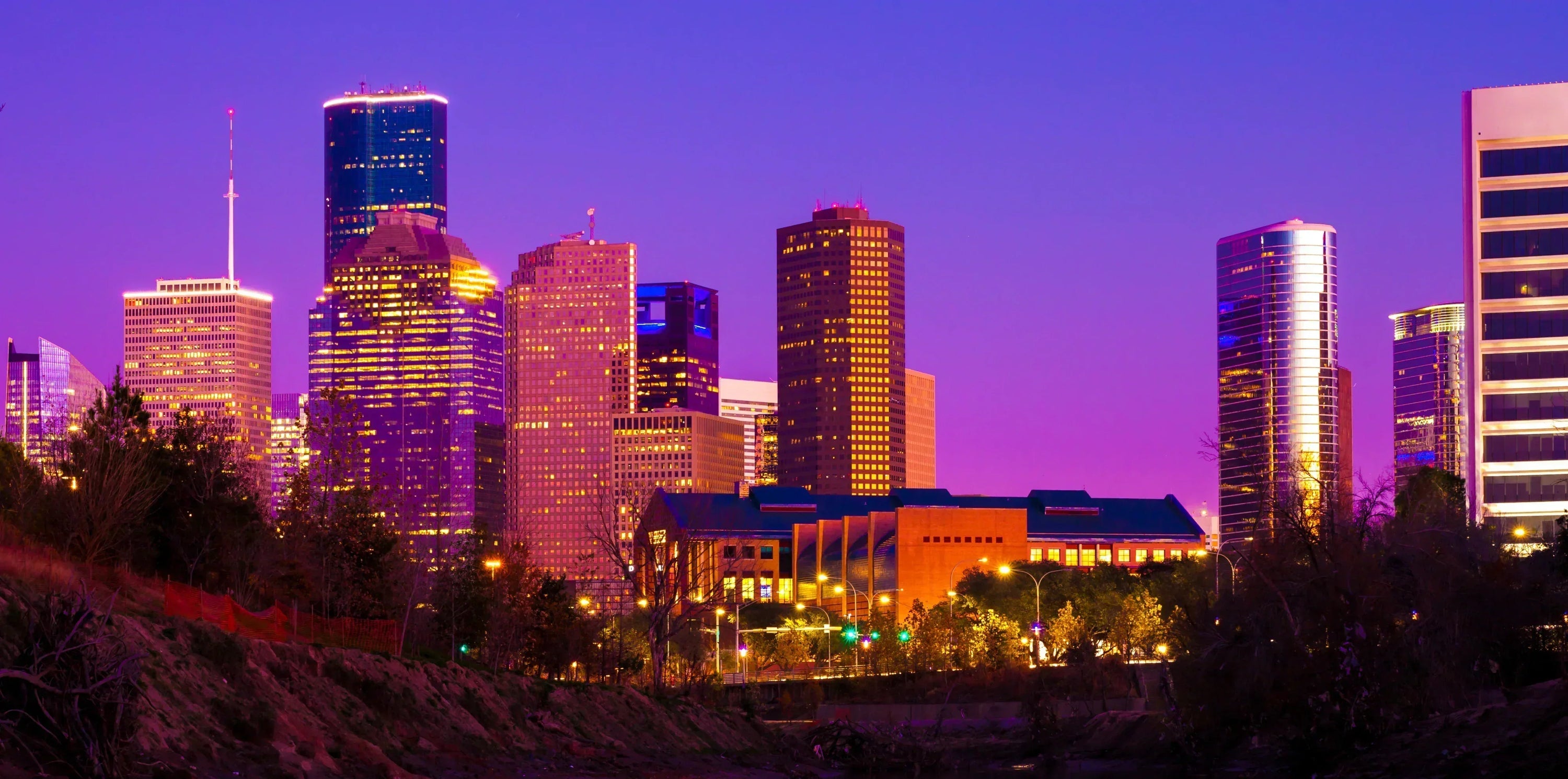 Houston, Texas skyline under a purple sky.