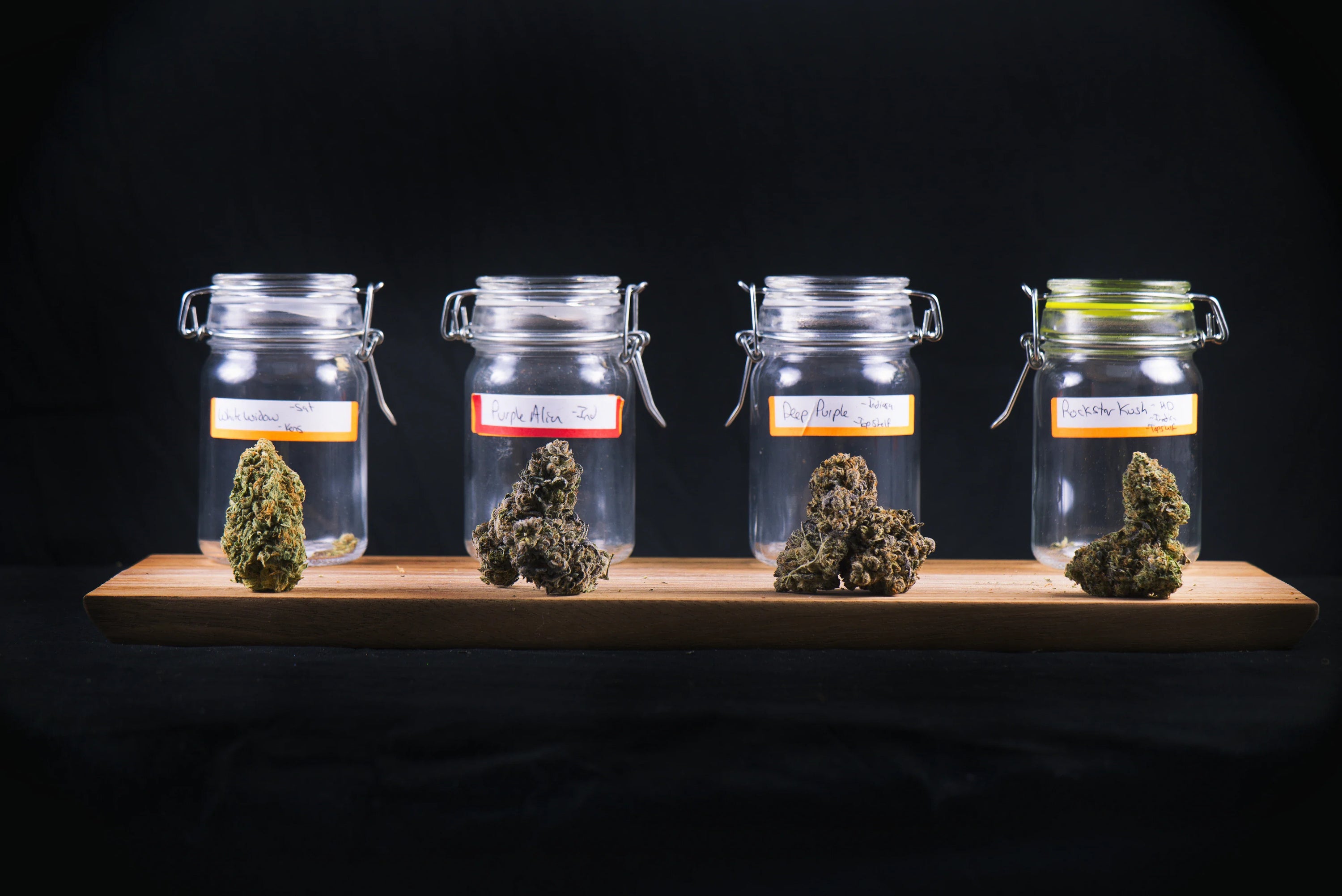 Assorted cannabis bud strains in glass jars.